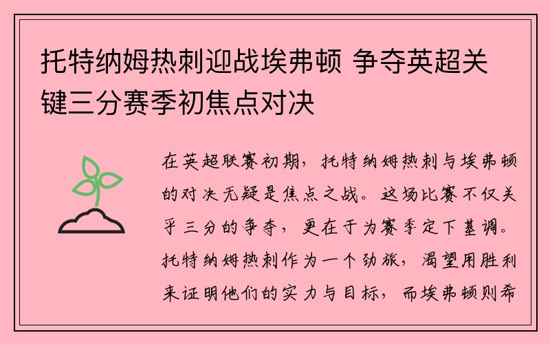 托特纳姆热刺迎战埃弗顿 争夺英超关键三分赛季初焦点对决