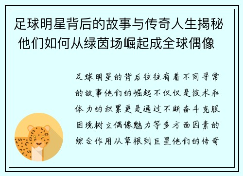 足球明星背后的故事与传奇人生揭秘 他们如何从绿茵场崛起成全球偶像